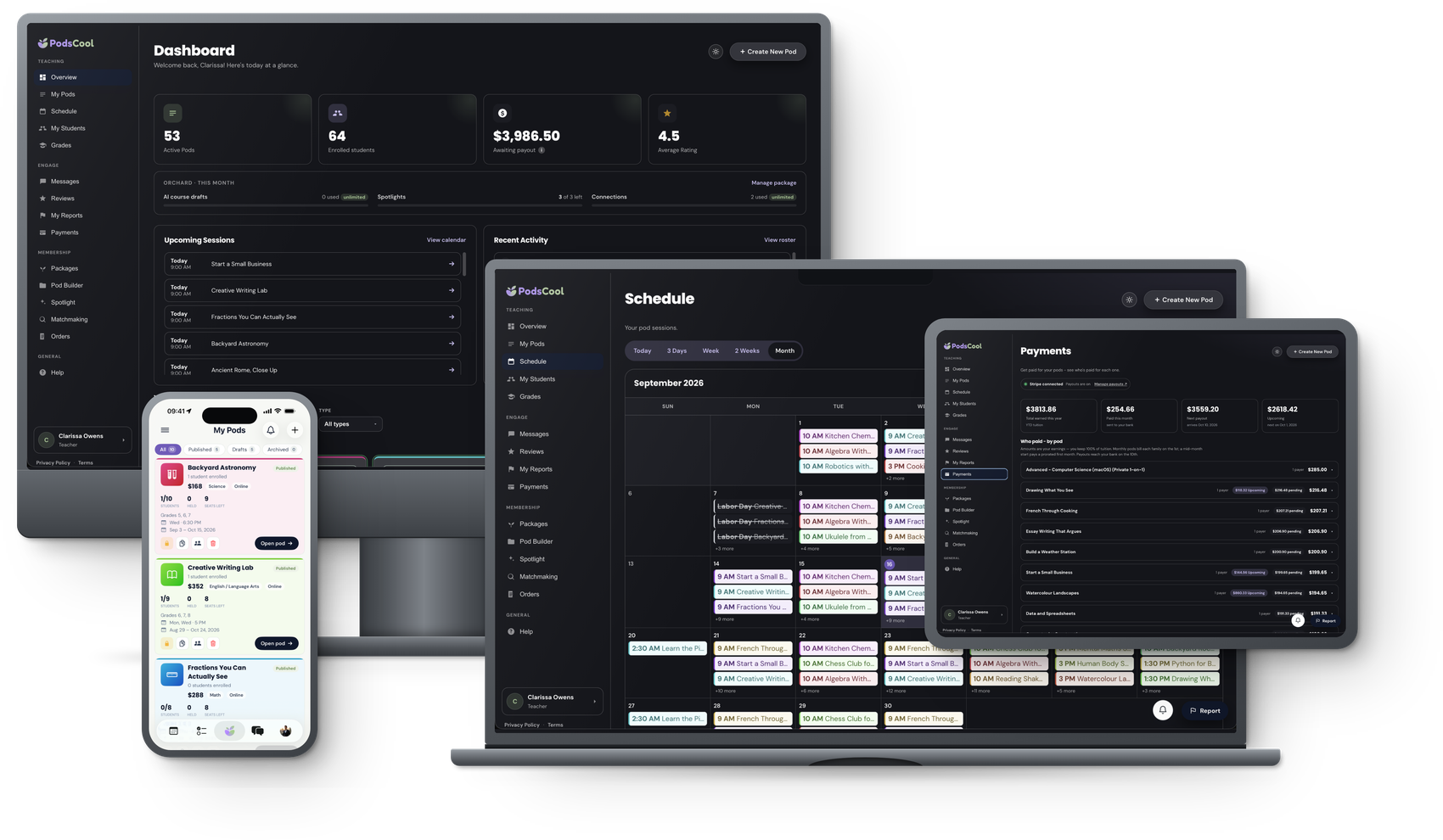 PodsCool on a desktop, laptop, tablet and phone - the dashboard, schedule, payments and my-pods screens