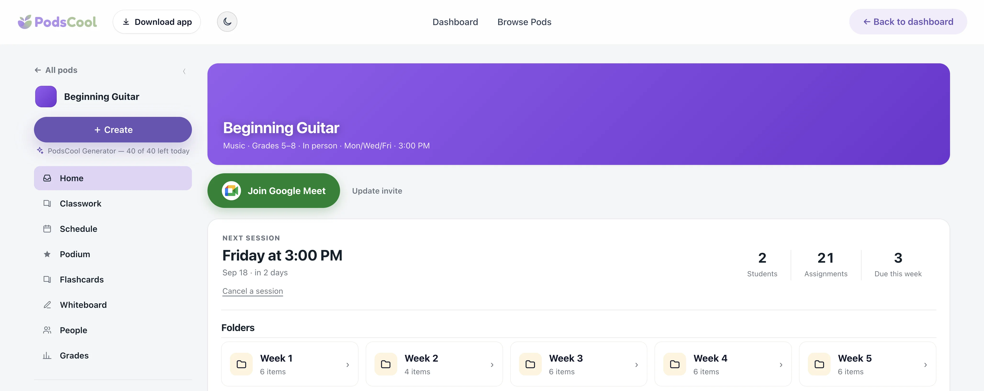 A pod's session: next session, weekly folders and announcements