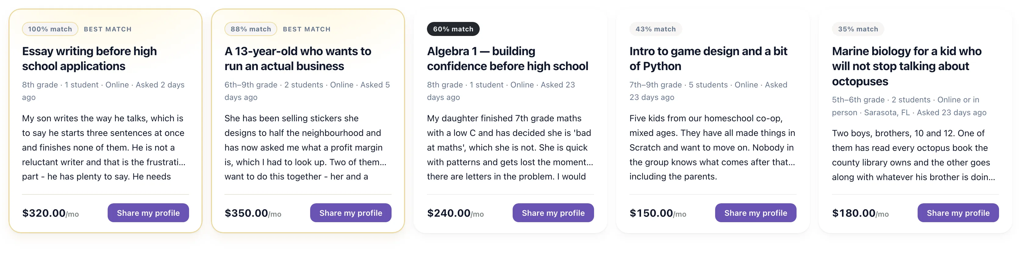 Matchmaking: families’ requests ranked by how well each one fits what you teach, the two strongest marked Best match
