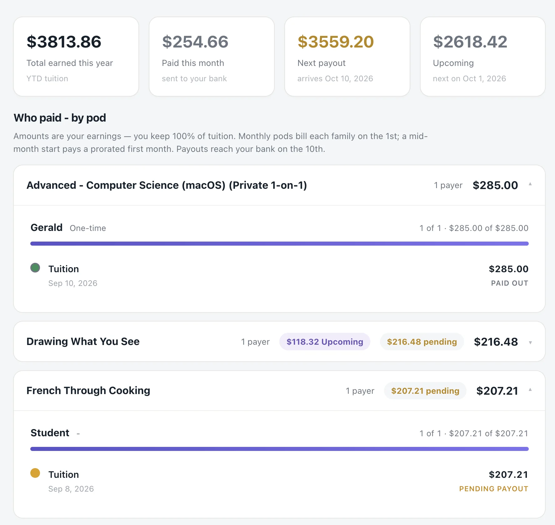 The Payments screen: earned, paid, and next payout