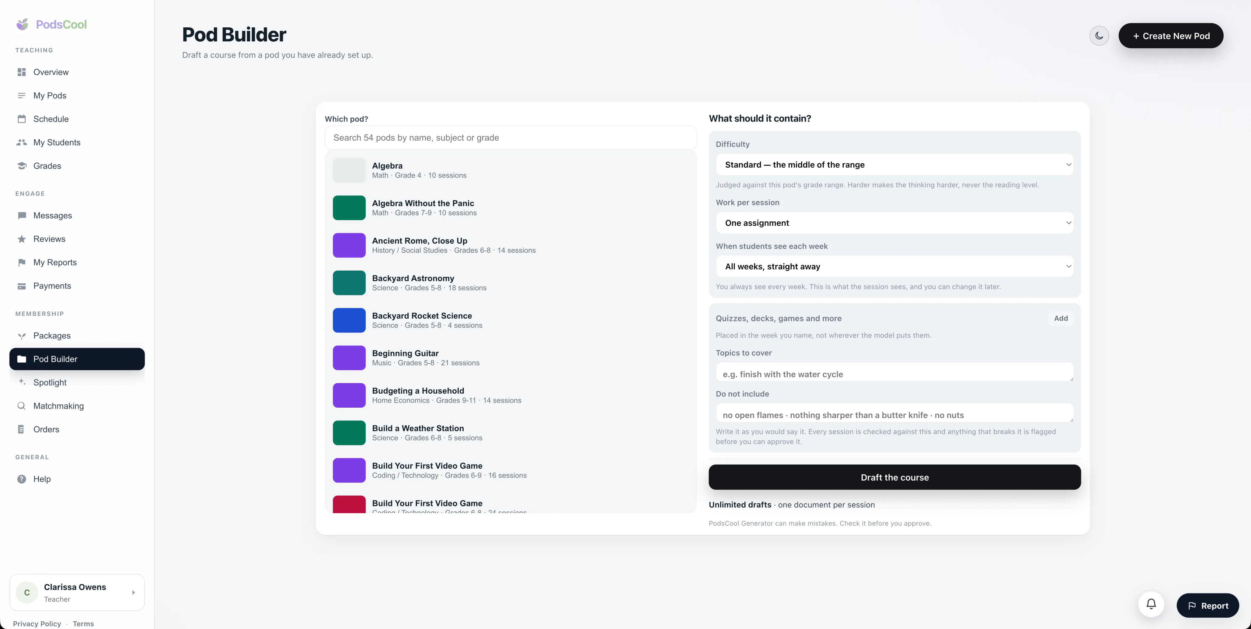 Pod Builder drafting a course, week by week