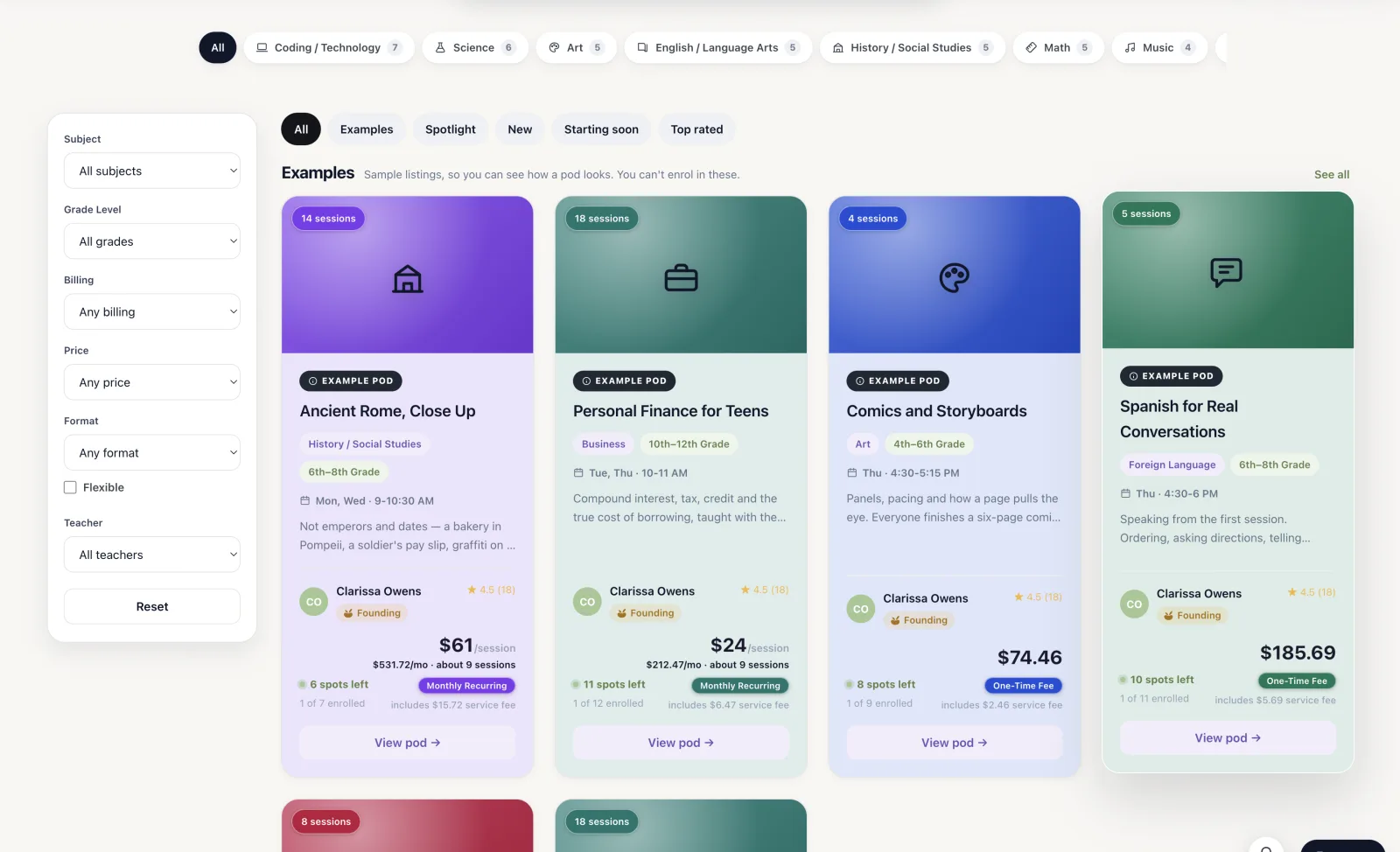 Browse Pods on PodsCool: example pods filtered by subject and grade, each showing its meeting days, seats left and what a family pays