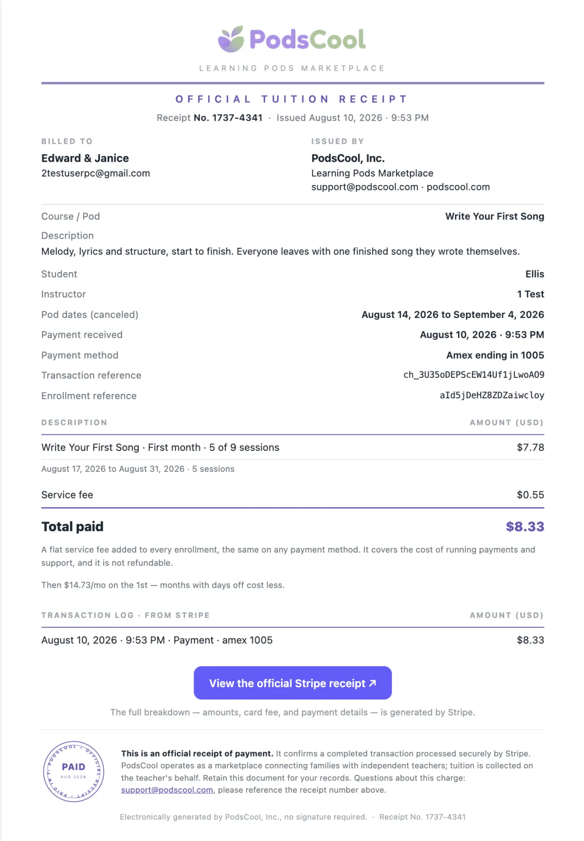 A PodsCool tuition receipt: the pod, the student, the sessions billed, the service fee and the total paid