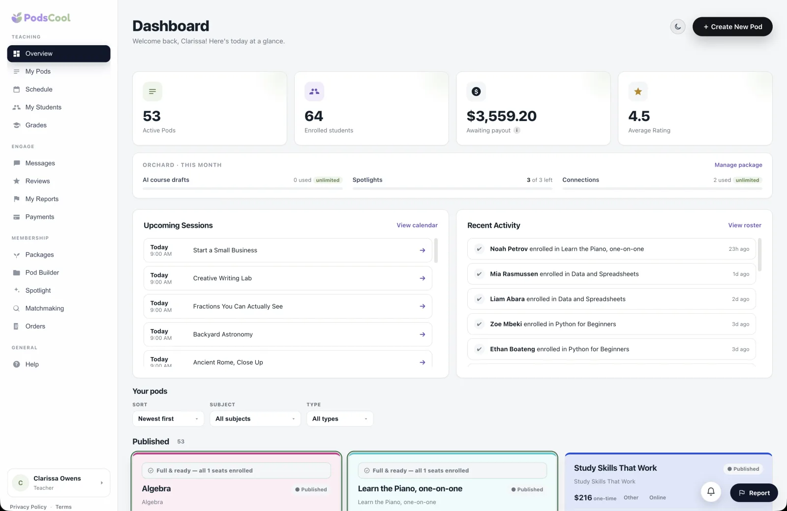 The PodsCool teacher dashboard: active pods, enrolled students, awaiting payout and the month's package allowance