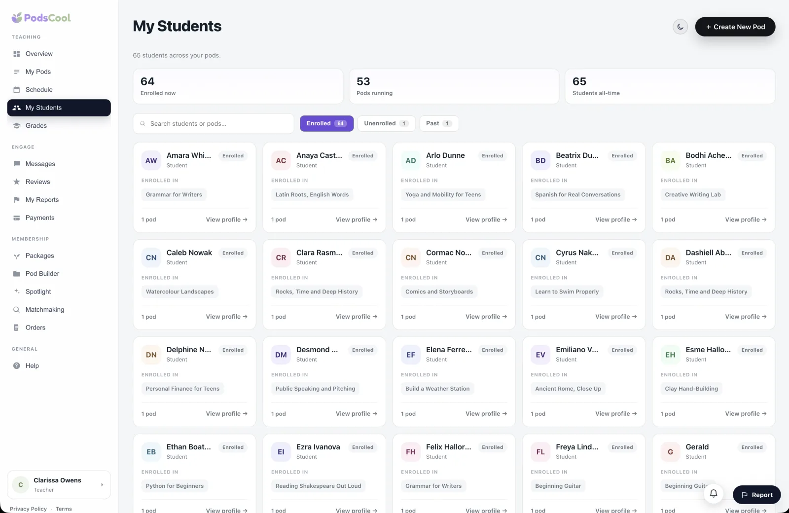 The My Students screen: every student across the teacher's pods, with what each one is enrolled in
