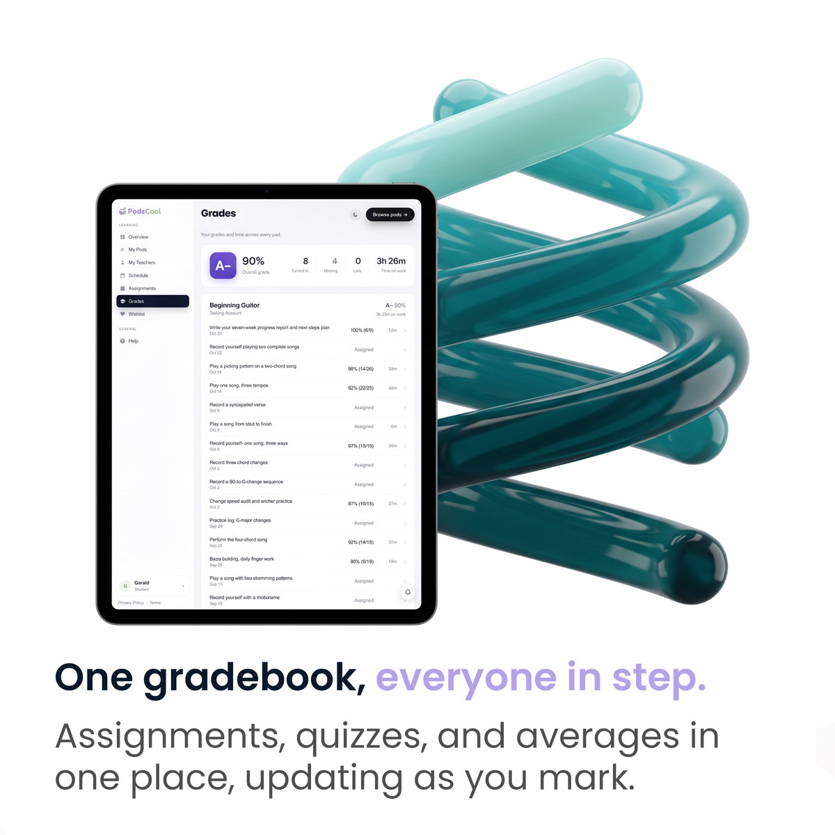 One gradebook, everyone in step. Assignments, quizzes and averages in one place, updating as you mark.