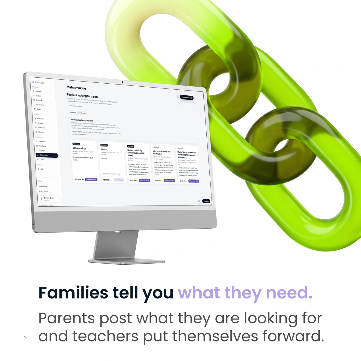 Families tell you what they need. Parents post what they are looking for and teachers put themselves forward.